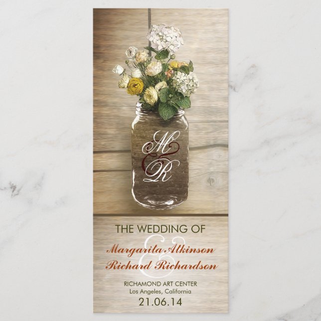 mason jar with flowers rustic wedding programs (Front)