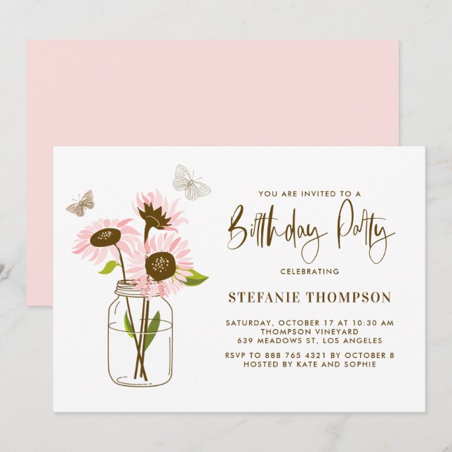 Mason Jar with Pink Sunflowers Birthday Party Invitation (Front/Back)