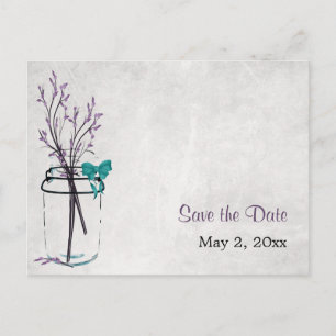 Mason Jar with Purple Branches - Save the Date Announcement Postcard