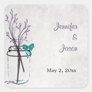 Mason Jar with Purple Branches - Save the Date Square Sticker
