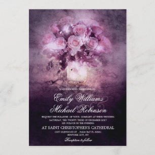 Mason jar with roses string light wedding invitation