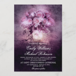 Mason jar with roses string light wedding invitation