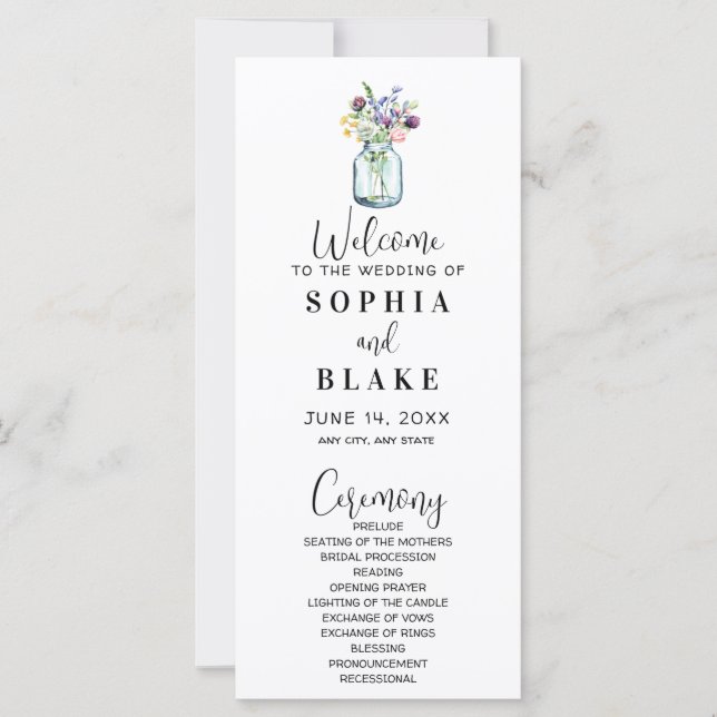 Mason Jar With Wildflowers White Wedding Program (Front)
