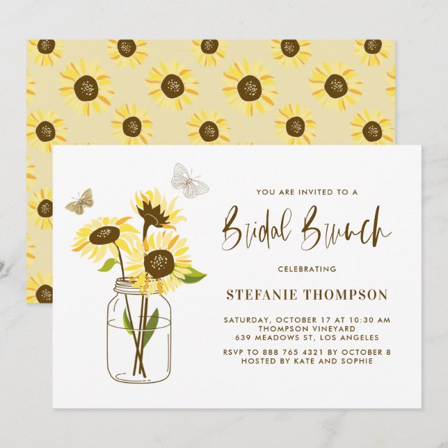 Mason Jar with Yellow Sunflowers Bridal Brunch Invitation (Front/Back)