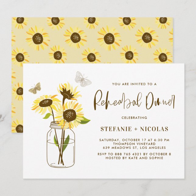 Mason Jar with Yellow Sunflowers Rehearsal Dinner Invitation (Front/Back)