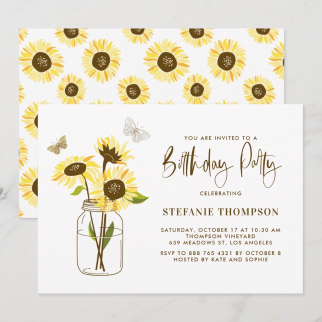 Mason Jar wth yellow Sunflowers Birthday Party Invitation (Front/Back)