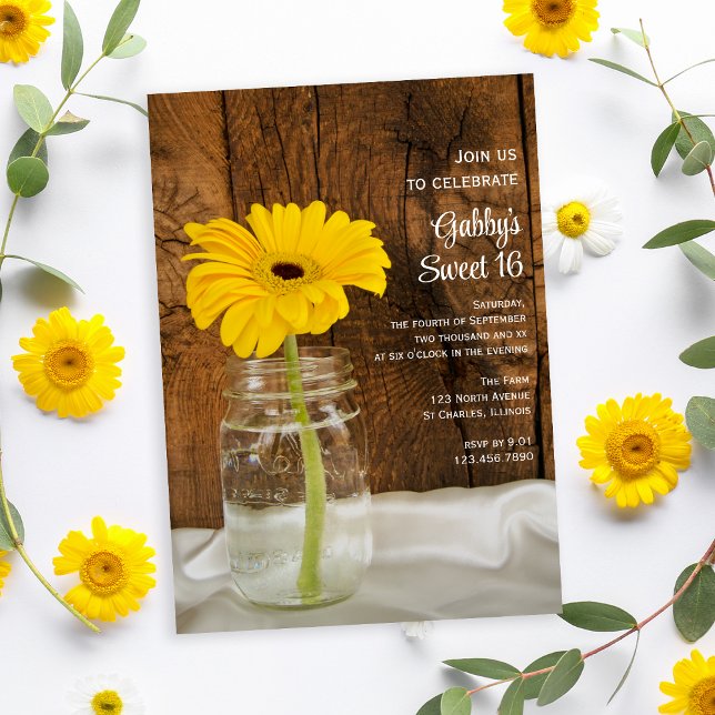 Mason Jar Yellow Daisy Sweet 16 Birthday Party Invitation (Creator Uploaded)