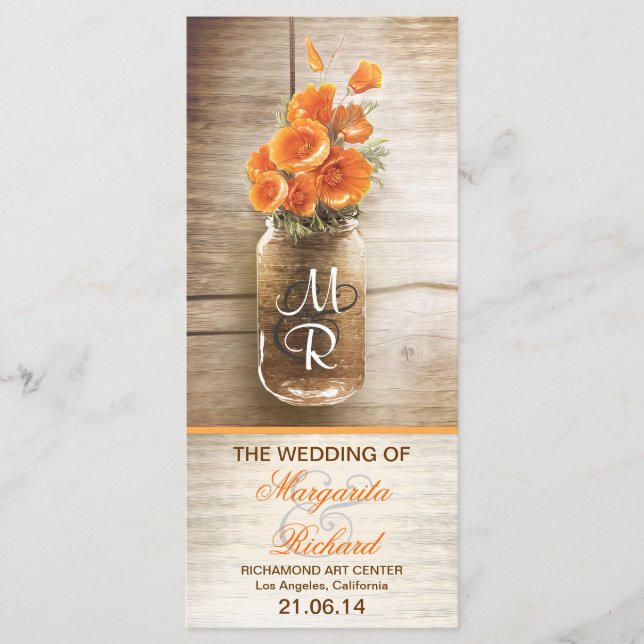 mason jarre avec fleurs orange programme de mariag (Devant)