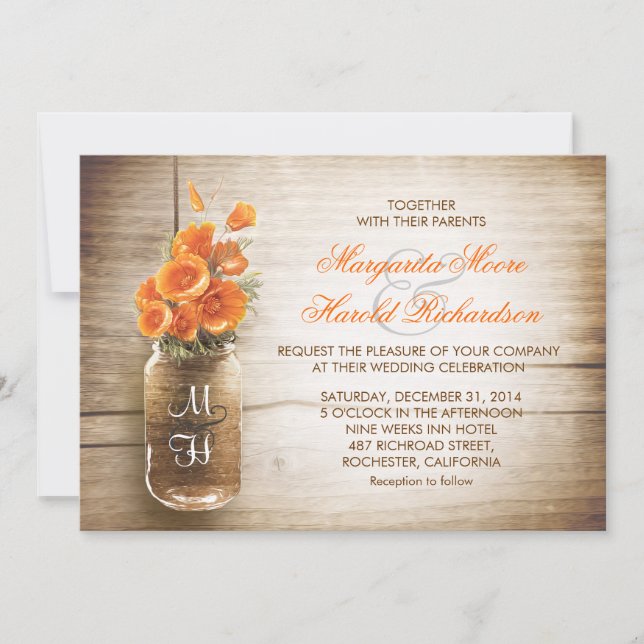Mason jarre et fleurs orange invitations de mariag (Devant)