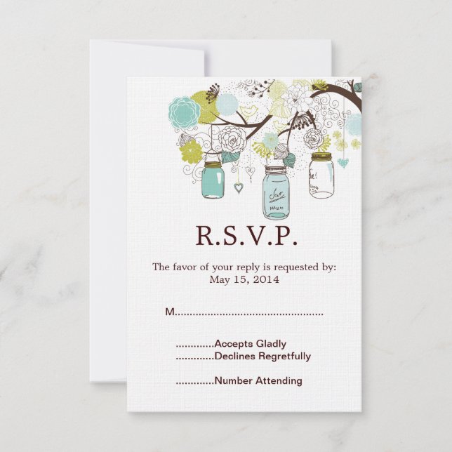 Mason Jars and Blue Green Flowers Wedding RSVP (Front)