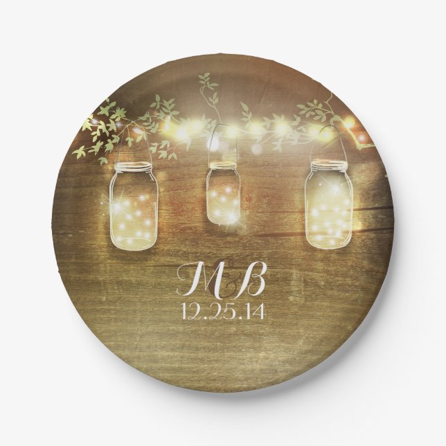 Mason Jars and String Lights Rustic Paper Plate (Front)