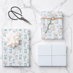 Mason Jars Blue White Florals Greenery Wrapping Paper Sheet