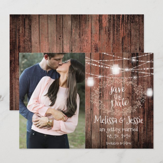 Mason Jars Lights Baby Breath Rustic Save The Date Invitation (Front/Back)