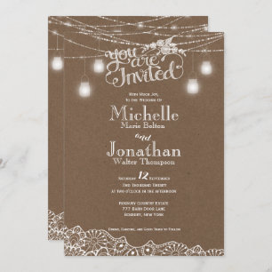 Mason Jars Lights Lace Rustic Wedding Invitation