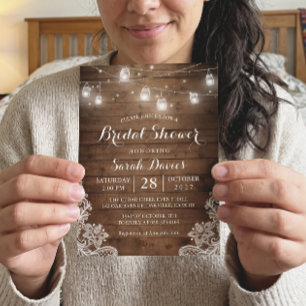 Mason Jars Lights Rustic Wood Lace Bridal Shower Invitation