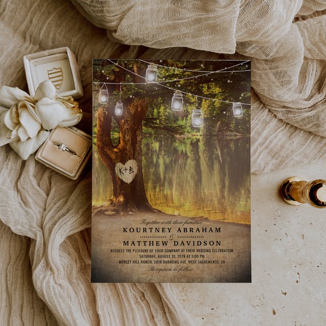 Mason Jars Rustic Tree Lake Twinkle Lights Wedding Invitation (Creator Uploaded)