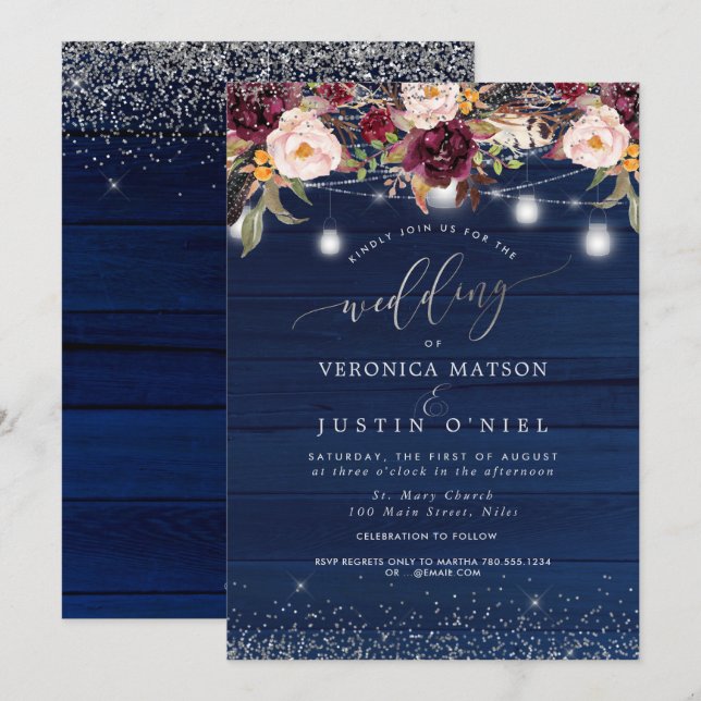 Mason Jars Rustic Wood Navy Blue+Burgundy Flowers Invitation (Front/Back)