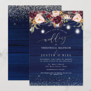 Mason Jars Rustic Wood Navy Blue+Burgundy Flowers Invitation