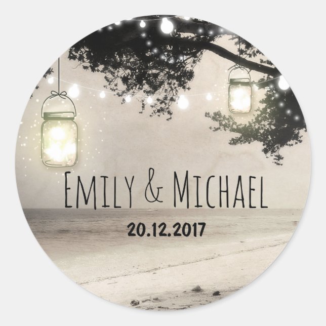 Mason Jars String Lights Elegant Rustic Wedding Classic Round Sticker (Front)