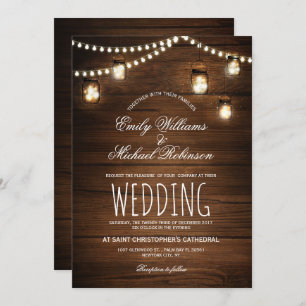 Mason Jars String Lights Elegant Rustic Wedding Invitation
