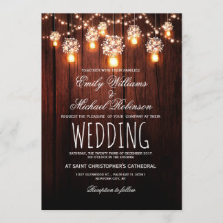 Mason Jars String Lights Elegant Rustic Wedding Invitation