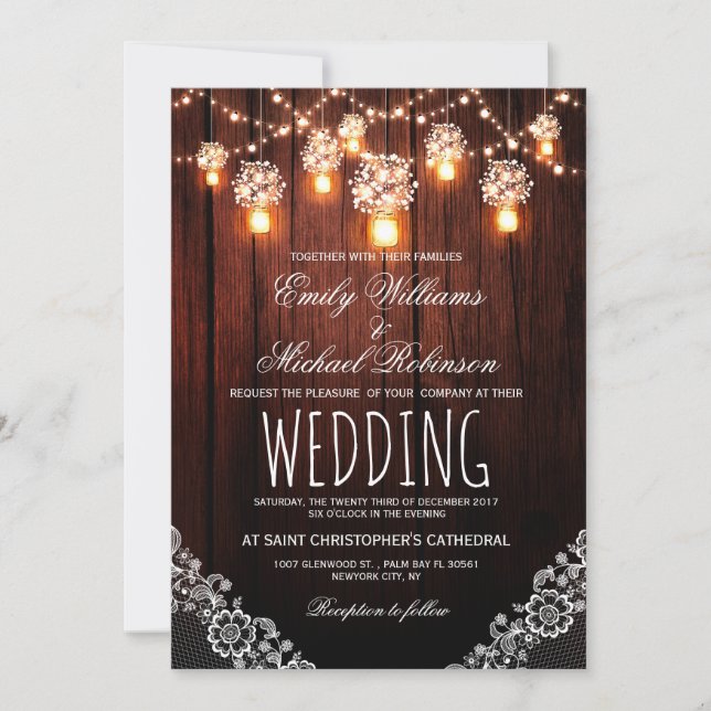 Mason Jars String Lights Elegant Rustic Wedding Invitation (Front)