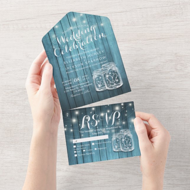 Mason Jars String Lights Rustic Wood Wedding RSVP  All In One Invitation (Tearaway)