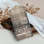 Mason Jars String Lights Rustic Wood Wedding RSVP All In One Invitation<br><div class="desc">Modern Wedding invitation with Detachable RSVP Postcard Template - Elegant Lettering Script and Vintage Couple Mason Jars and String Lights on Rustic Wood Background. A Perfect Design for your Big Day. All text style, colours, sizes can be modified to fit your needs! Simply add your names , wedding information, your...</div>