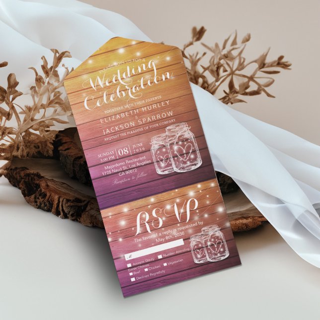 Mason Jars String Lights Rustic Wood Wedding RSVP  All In One Invitation (Creator Uploaded)