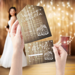 Mason Jars String Lights Rustic Wood Wedding RSVP  All In One Invitation