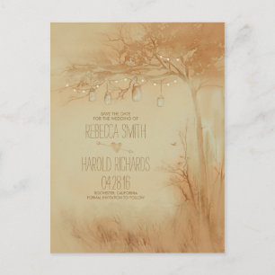 Mason Jars String Lights Tree Rustic Save The Date Announcement Postcard