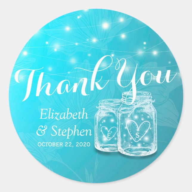 Mason Jars & String Lights Wedding Favour Thank Yo Classic Round Sticker (Front)