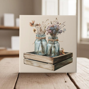 Mason jars, wildflowers in wood crate cottagecore tile