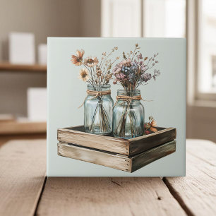 Mason jars, wildflowers in wood crate cottagecore tile