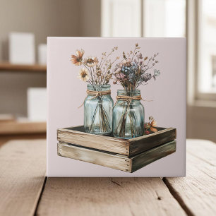 Mason jars, wildflowers in wood crate cottagecore tile