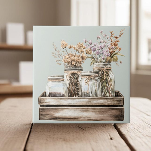 Mason jars, wildflowers in wooden crate farmhouse tile (Creator Uploaded)