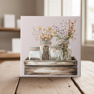 Mason jars, wildflowers in wooden crate farmhouse tile