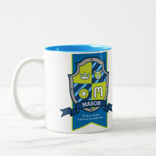 Mason letter M crest blue green bear name meaning Two-Tone Coffee Mug