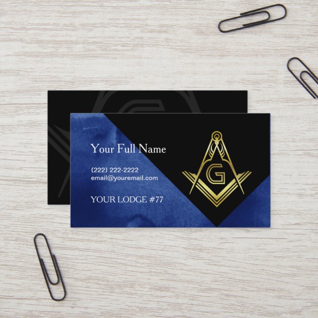 Masonic Business Card Designs | Blue Black & Gold (Front/Back In Situ)