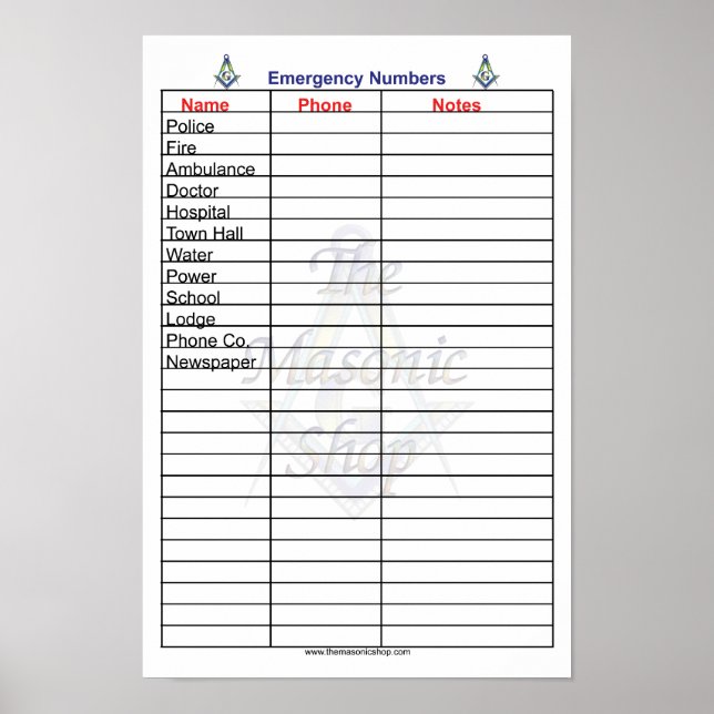 Masonic Emergency Phone Numbers Poster (Front)