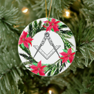 Masonic Freemason Masonry Wreath Poinsettia Ceramic Ornament