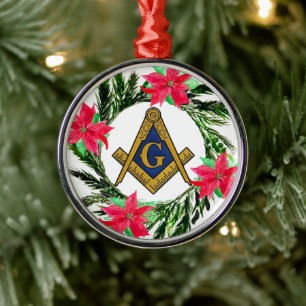 Masonic Freemason Masonry Wreath Poinsettia  Metal Ornament