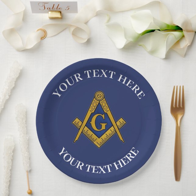 Masonic Freemason Square and Compass Blue  Paper Plate (Wedding)