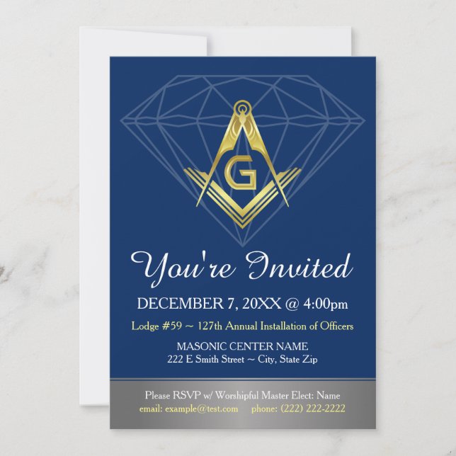 Masonic Invitations | Gold Blue Diamond Template (Front)
