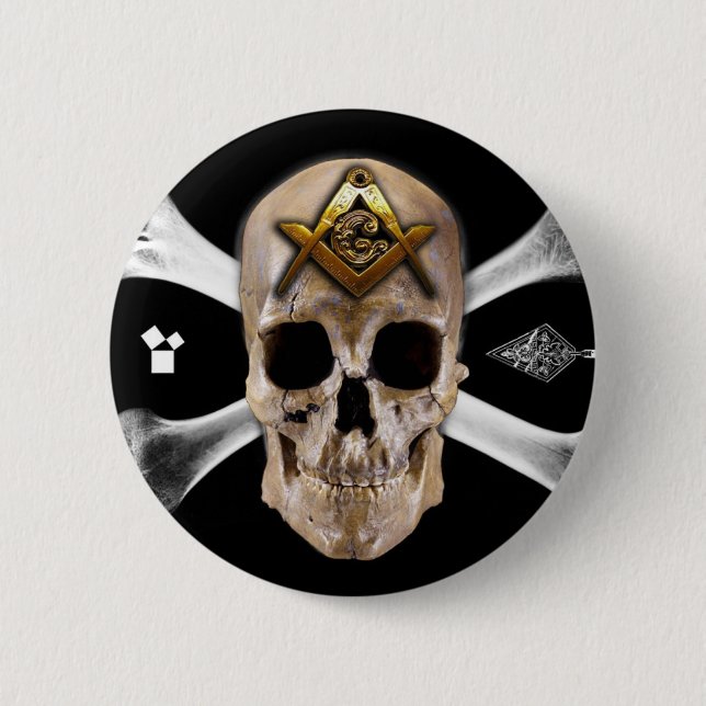 Masonic Skull & Bones Compass Square 2 Inch Round Button (Front)