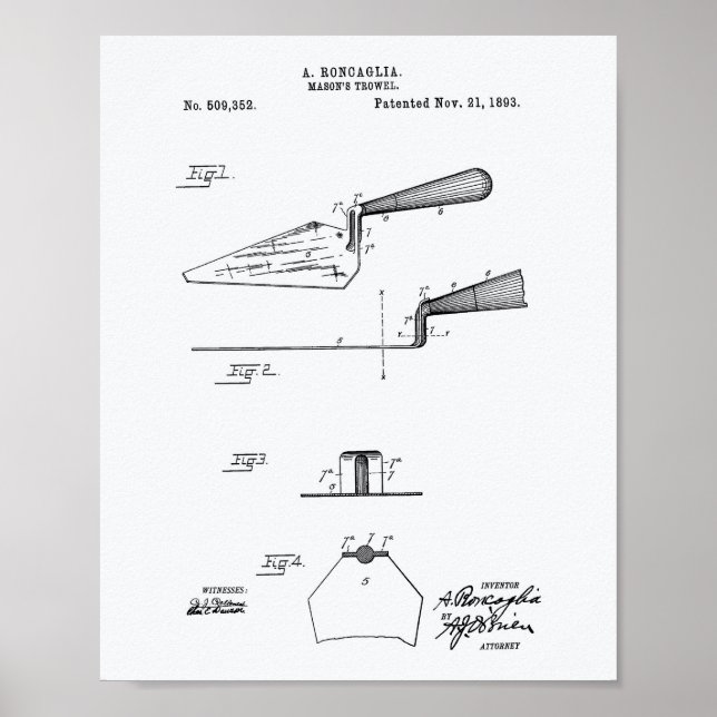 Mason's Trowel 1893 Patent Art White Paper Poster (Front)