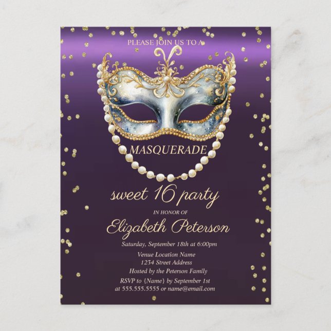 Masqu Pearls  Diamonds Purple Sweet 16  Invitation Postcard (Front)
