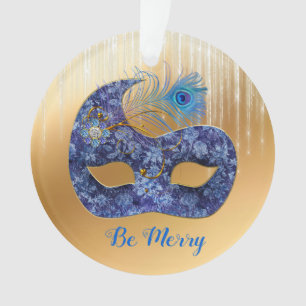 Masque bleu et plumes de paon sur or