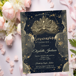 Masque Celestial Stars Clouds Gold Quinceanera Invitation