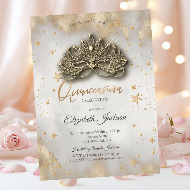 Masque Celestial Stars Gold Quinceanera  Invitation (Creator Uploaded)